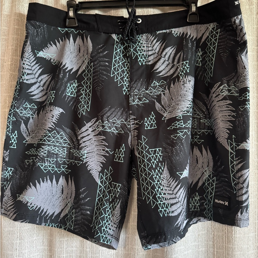 Hurley Black Swim Shorts with Light Gray and Mint Fern Print